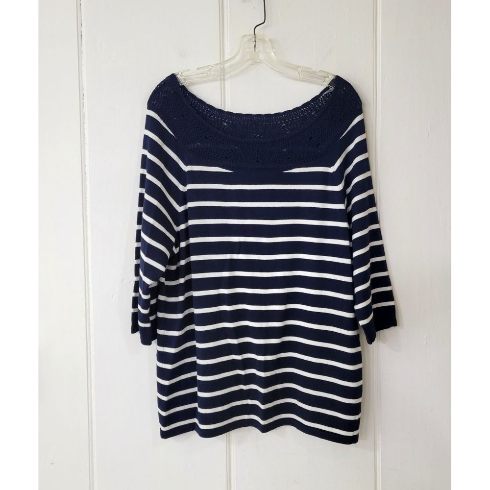 Chaps Navy and White Striped Pullover Sweater with Crocheted Neckline